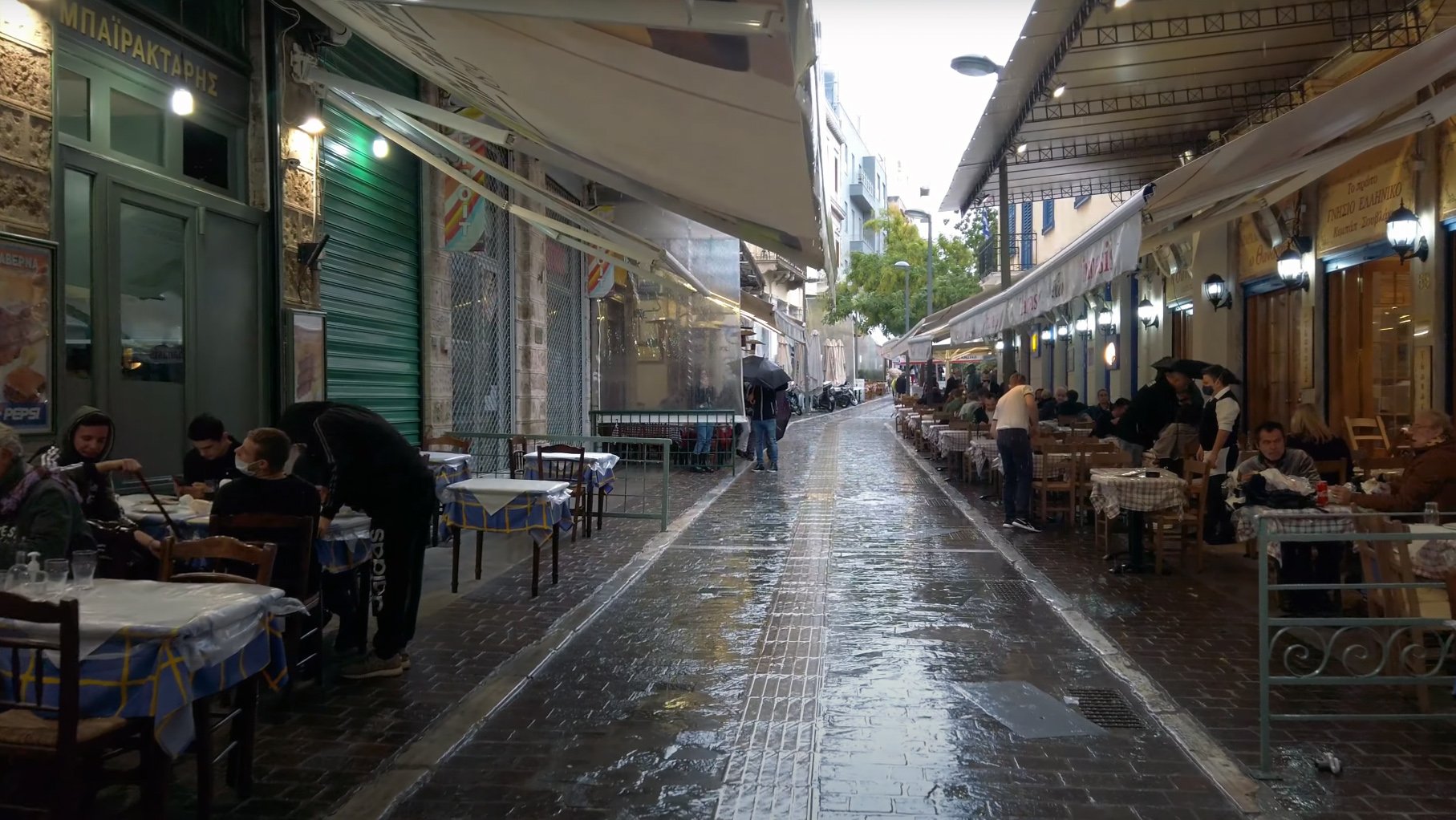 Athens Rain Walk from Monastiraki to Syntagma via Mitropoleos str